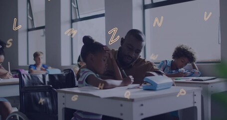 Canvas Print - Animation of letters over african american male teacher and schoolgirl talking at desk in class