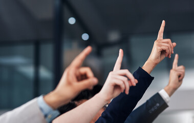 Aufkleber - Question, ask and hands of business people in meeting for feedback in presentation, workshop and training. Corporate office, audience and workers raising hand for seminar, tradeshow and conference