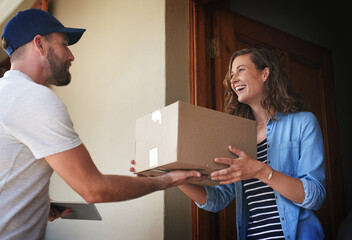 Happy woman, delivery man and package box at door for order, parcel or cargo of customer in transport service. Female person receiving shipment from male courier, supply chain or deliver at the house