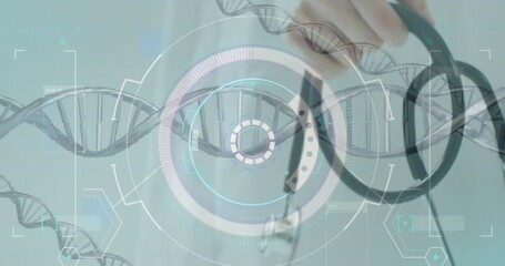 Aufkleber - Animation of dna strands and scope scanning over hand with stethoscope