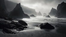  A Black And White Photo Of A Beach With Rocks And Water.  Generative Ai
