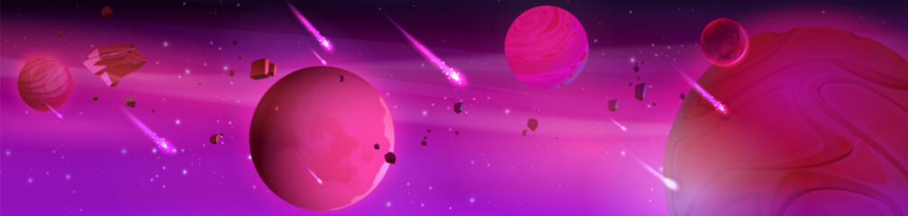 Wall Mural - space background with alien planets floating in sky, comets with neon light tails, rocky meteorites,