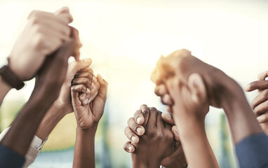 Aufkleber - Business, people, staff and group holding hands, solidarity and support with collaboration. Team, coworkers and partnership with cooperation, teamwork and goal with a target, growth and celebration