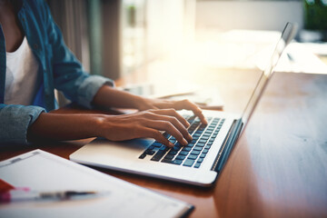 Poster - Hands, laptop and home office with woman for typing, communication or idea with remote work. Girl, computer and keyboard for writing, creativity and process for project, seo or networking on internet
