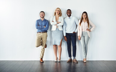 Poster - Portrait, diversity and collaboration with business people in studio together against a gray wall for mockup. Teamwork, confidence or professional with a group of colleagues in the office for success