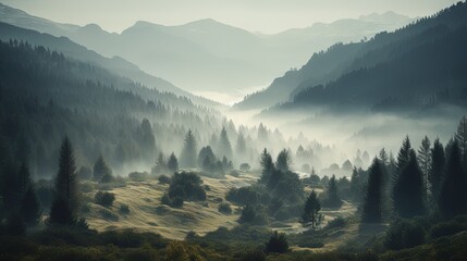   a view of a mountain range with trees in the foreground.  generative ai