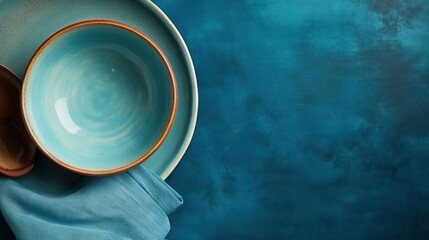  a person holding a blue and white plate with a spoon in it.  generative ai