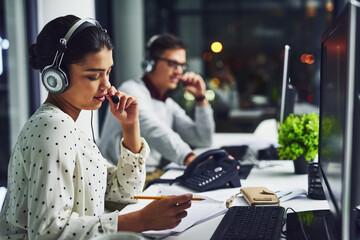 Poster - Call center, customer service and a woman at night, working in the office for consulting or assistance. CRM, contact us and support with a female consultant using a headset to help a client online