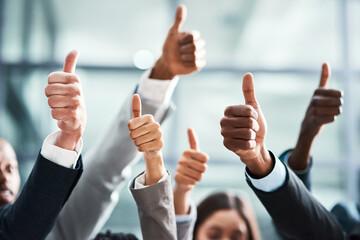 Poster - Success, thumbs up and teamwork of people with thank you, support or group hands for vote, yes or like emoji. Great, ok and business women, men or winner with team work, thanks or winning sign in air