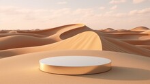 Empty Circular Marble Podium In Middle Of Sand Dunes Background, Minimalist Concept. Generative AI.