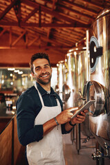 Poster - Tablet, beer and portrait with man in factory for production, manufacturing and alcohol fermentation. Technology, inspection and digital with business owner for distillery, storage or quality control