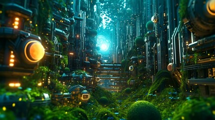 Eco-futuristic cityscape concept full with greenery, skyscrapers. Generative AI