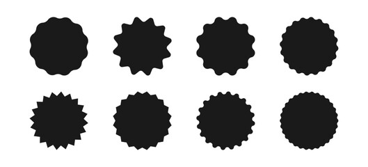 Wavy edge circle sticker. Star burst shape tags for price. Blank sale round sticker. Empty promo badge. Simple circle wax seal silhouette. Vector illustrations set isolated on white background.