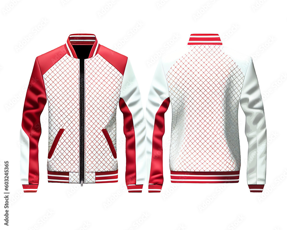 Cool jacket in white color and red patterns on isolated transparent ...