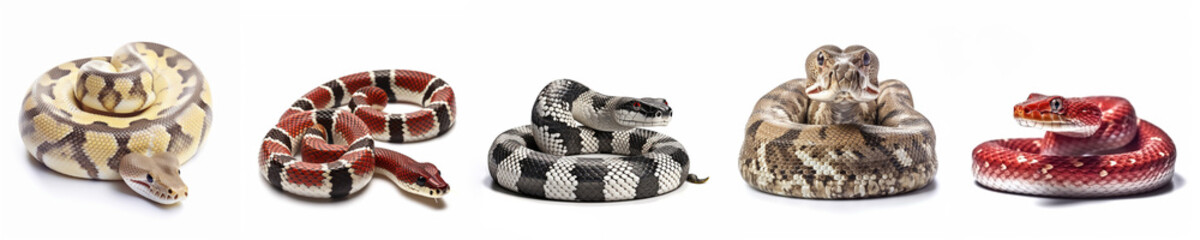 Wall Mural - animals reptiles snakes banner panorama long - collection of popular snakes lying, isolated on white