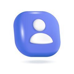 Poster - Contact icon 3d vector illustration. Blue button with user profile symbol for networking sites or apps in cartoon style isolated on white background. Online communication, digital marketing concept