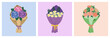 © Olena - Set of three bouquets in packaging. Beautiful blooming flowers. Hydrangea, lilies and narcissus. Holiday present. Hand drawn vector illustration isolated on colored background, flat cartoon style.