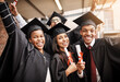 © N Hiraman/peopleimages.com - Graduation, students and happy portrait of college friends with a diploma outdoor. Diversity men and women excited to celebrate university achievement, education success and school graduate event