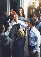Poster - Teamwork, high five and support with business people in office for success, winner and motivation. Collaboration, diversity and community with group of employees for solidarity, target and goals