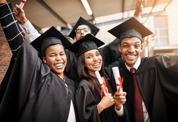 Poster - Graduation, students and happy portrait of college friends with a diploma outdoor. Diversity men and women excited to celebrate university achievement, education success and school graduate event