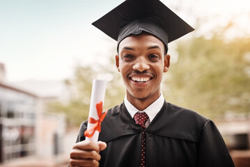 Canvas Print - Graduation, black man and portrait of a university student with a diploma and happiness outdoor. Male person happy to celebrate college achievement, education success and future at school event