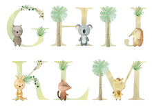Watercolor Australian Animals Letters For Invitation Card, Nursery Poster And Other.