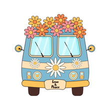 Hippie Vintage Bus With Flowers. Groovy Retro Hippie Travel Van. Love, Peace, Travel, Adventure, Hippie Culture Concept.