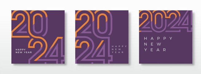 Wall Mural - Set of happy new year posters. With thin orange and purplish blue numbers. Premium design vector set of happy new year 2024 For greeting, celebration and social media post.