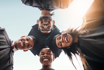 Student group, graduation and face portrait of college friends with smile and pride outdoor. Below diversity men and women excited for university achievement, education success and graduate future