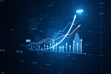 Poster - Perspective view of modern growing financial chart with rising up arrow on dark blue background with world map. Currency and stock market concept. 3D Rendering