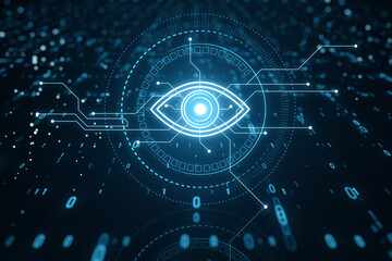 Poster - Illustration of digital eye neon style on dark blue background, computer vision and hightech future technology concept. 3D Rendering