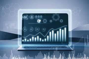 Poster - Close up of laptop computer at office workplace with glowing business chart hologram on blurry background. Financial growth, future and success concept. 3D Rendering.