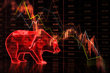 Poster - Economy crisis and bearish stock market crash concept with moving down digital red financial chart candlestick and graphs and bear symbol on dark background. 3D Rendering