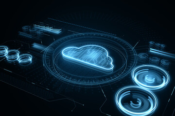 Fototapete - Modern design illustration with neon style cloud icon, cloud computing technology and hosting concept on dark blue background. 3D Rendering