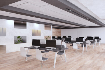 Poster - Contemporary coworking office interior with furniture, equipment and other objects in daylight. 3D Rendering.