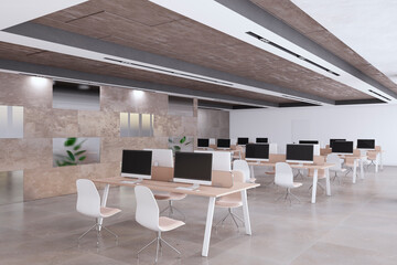 Poster - Loft coworking office interior with furniture, equipment and other objects in daylight. 3D Rendering.