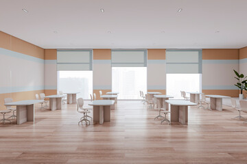 Poster - Modern school classroom interior with desks, wooden flooring, and window with city view. Education and auditorium concept. 3D Rendering.
