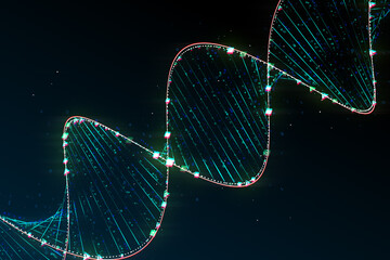 Fototapete - Future, science, genetics and innovation technology concept with bright digital DNA molecule on abstract dark background with binary code. 3D rendering