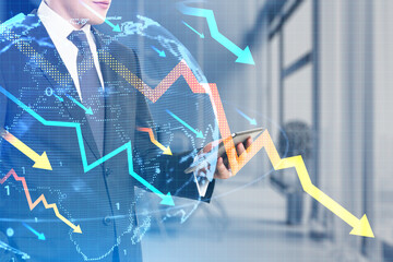 Poster - Headless businessman using cellphone with downward falling arrows and globe on blurry office interior background. Stock or financial market crash, crisis concept. Double exposure.