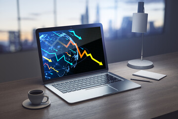 Poster - Close up of laptop on wooden office desk with coffee cup, lamp, supplies, downward falling arrows and map on blurry window and city view backdrop. Financial market crash, crisis concept. 3D Rendering.