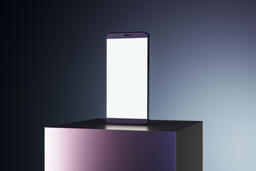 Poster - Empty white screen smartphone on creative square pedestal placed on gradient background with mock up place. Ad concept. 3D Rendering.