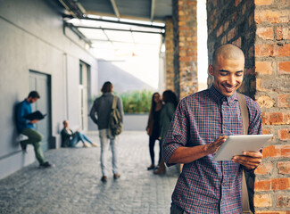 Aufkleber - Smile, outdoor and man with a digital tablet, campus and search website for information, connection and meme. Male person, guy and student with technology, typing and social media with communication