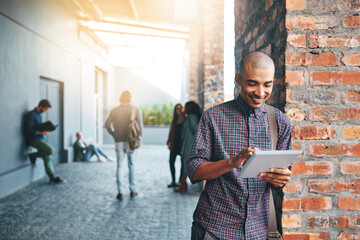 Aufkleber - Happy, outdoor and man with a tablet, education and connection for social media, search website for information or network. Male person, guy and student with technology, campus and typing with an app