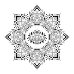 Circular pattern in form of mandala with Lotus flower for Henna, Mehndi, tattoo, decoration. Decorative ornament in ethnic oriental style. Outline doodle hand draw vector illustration.