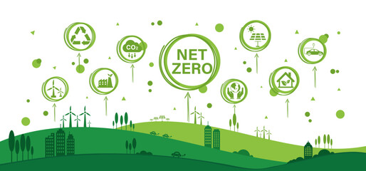 Wall Mural - Net zero and carbon neutral concept. Net zero greenhouse gas emissions target. Climate neutral long term strategy with green net zero icon and green icon on green circles doodle background.	
