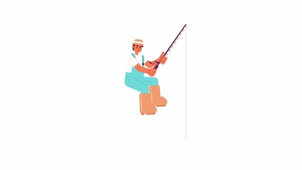 Poster - Fisherman reeling in fish animation. Animated isolated 2D caucasian male fisher in bucket hat. Cartoon flat character 4K video footage, white background, alpha channel transparency for web design