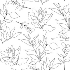 Canvas Print - Vector floral linear seamless background, plants and leaves. One, continuous line pattern, hand drawn style. Monoline doodle.