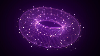 Wall Mural - Futuristic dynamic wireframe torus on a purple background. The flow of scientific data. Futuristic digital technology. 3D rendering.