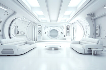 smooth clean white futuristic interior, science fiction lab or space ship. created with generative a