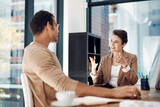 Fototapeta  - Mentor, training and a woman manager with an employee in the office for coaching on company vision. Management, meeting and a female business person talking to a professional male colleague at work